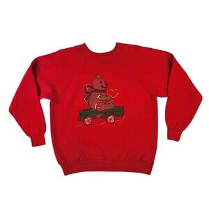 Vtg Christmas Sweatshirt Women's Large Red Crewneck Teddy Bear on Wagon Pannill